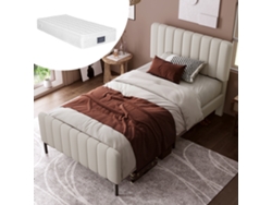 Cama Individual De 90x200 Cm Con Cabecero Ajustable Y Colchón De Lino Gris-beige Incluido.