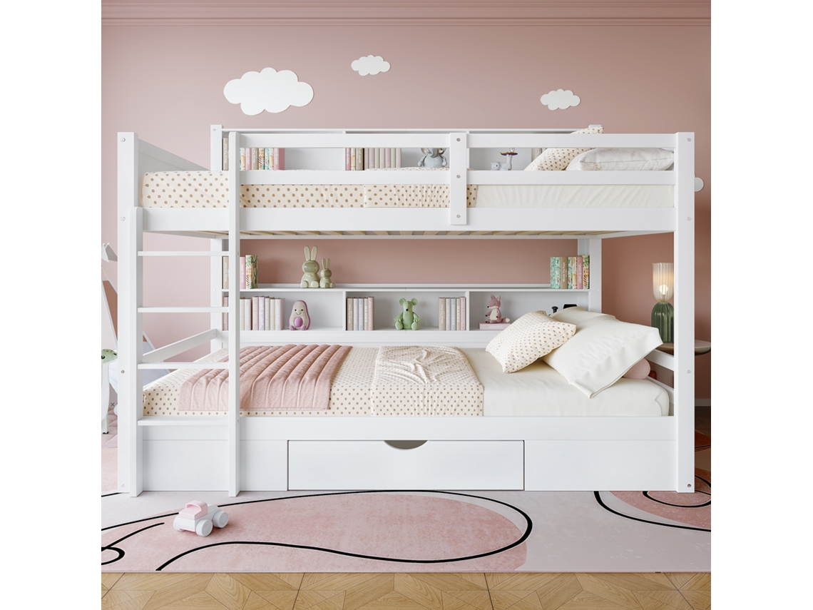 Litera infantil de 2 x 90 x 200 cm con cajón y compartimentos, color blanco