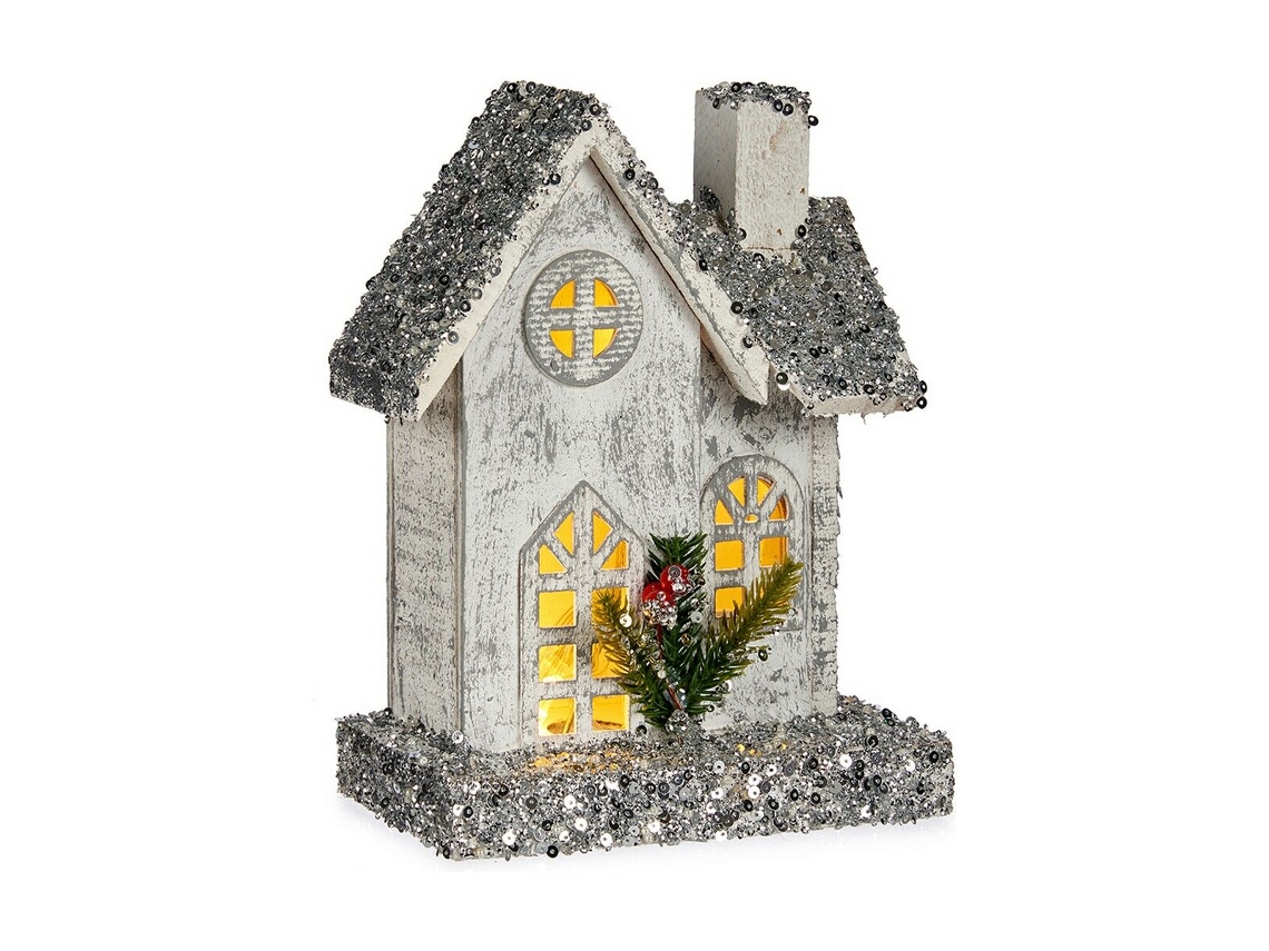 Figura Decorativa Navidad Purpurina Leve Led Casa Madeira 19,5 X 25 X 9 cm