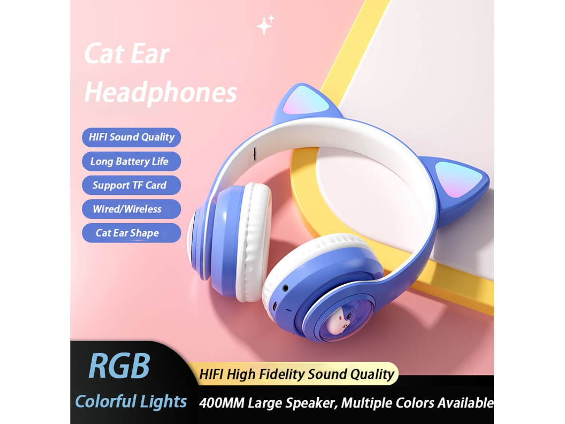 Auriculares Con Orejas De Gato (azules), Con Iluminación Rgb, Micrófono, Sonido Estéreo Hifi Y Cancelación De Ruido.