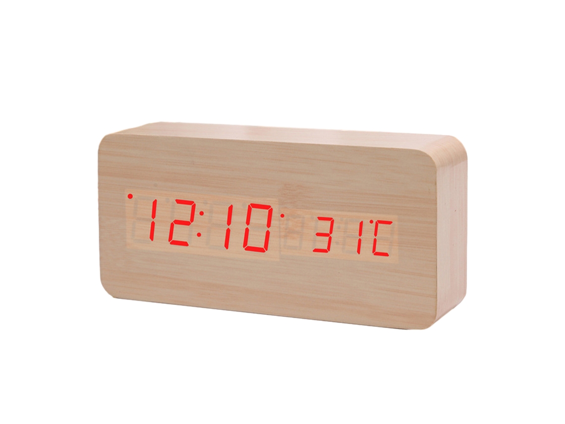 Reloj despertador digital de madera, luz roja, bambú NEVEANCE