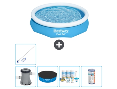 Piscina hinchable redonda Fast Set BESTWAY - 305 x 66 cm - Azul - Bomba incluida Cubrir - Paquete de mantenimiento - Filtrar - kit de limpieza