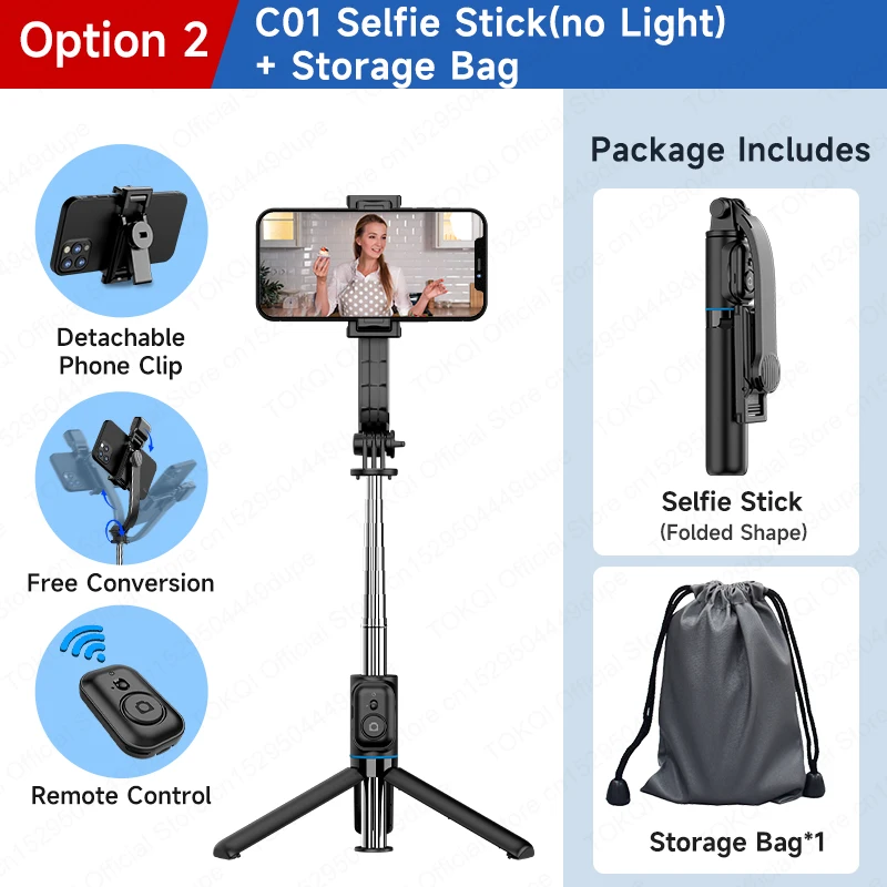 Palo selfie Bluetooth de 1060 mm, soporte extraíble, luz opcional, teléfono móvil, opción 2
