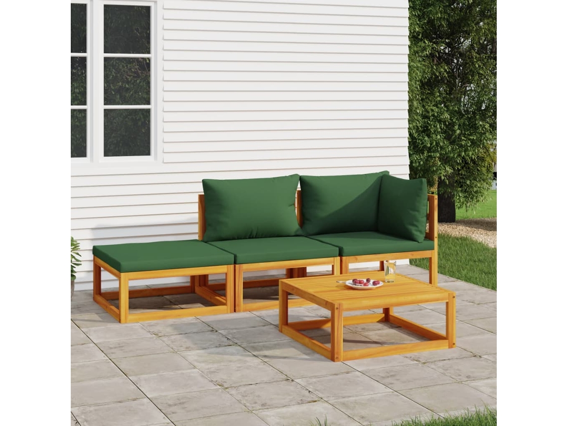Conjunto 4 Peças Lounge Jardim Madeira C/Almofadões Verdes Dkd Home Decor