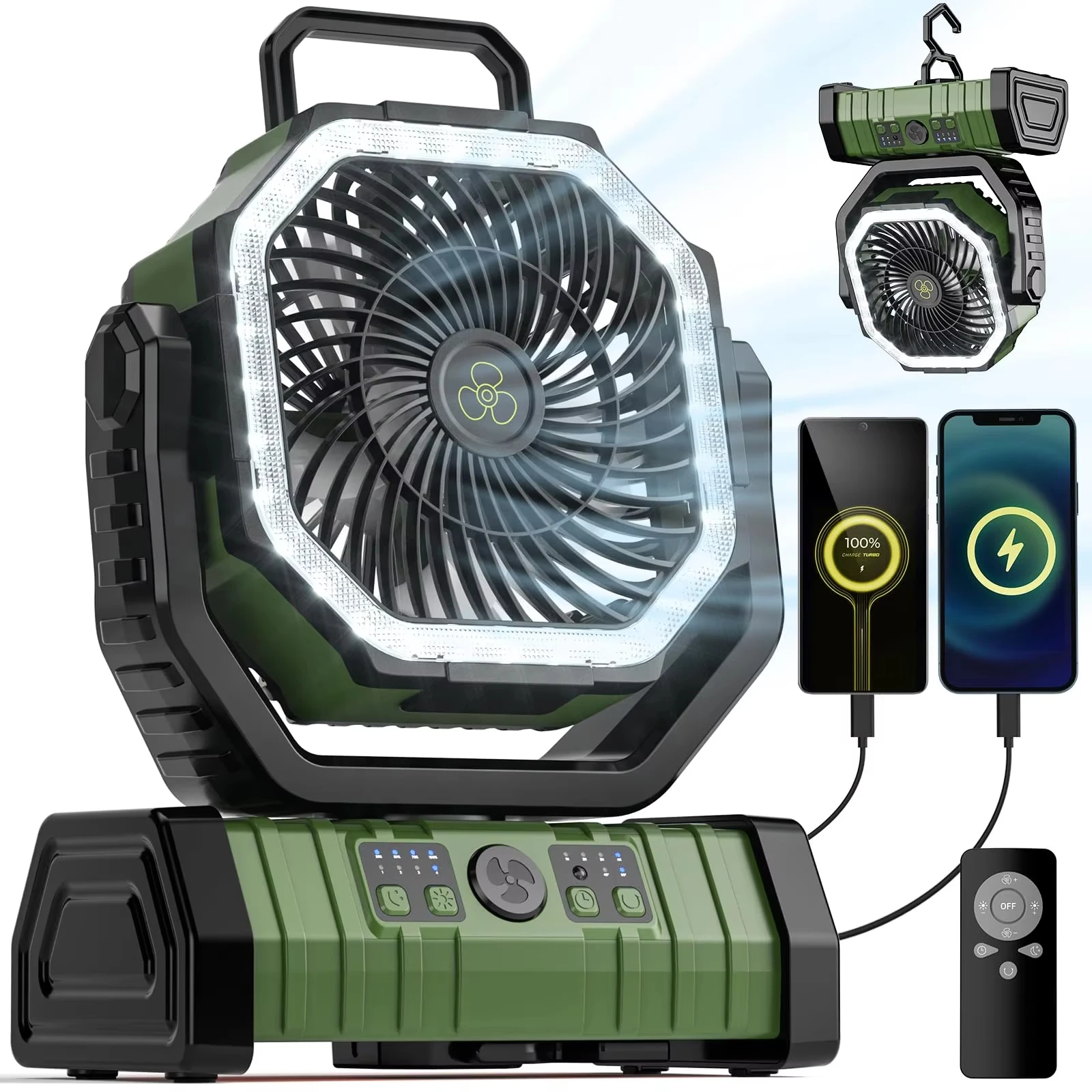 Ventilador De Camping (verde), Con Batería Recargable De 20000 Mah, Con Tira De Luz Led Y Gancho.