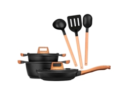 Batería Cocina Inducción Aluminio Fundido Antiadherente Sin Pfoa Set Cazuelas Sartén Utensilios Smile Mgk-23 Negro