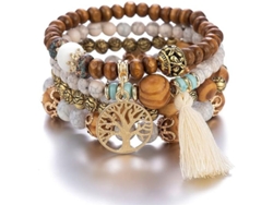 Pulsera De Cuentas De Madera Multicapa Con Borla Y Árbol De La Vida, Pulsera Elástica Estilo Boho, Souvenirs Turísticos Para Mujer.