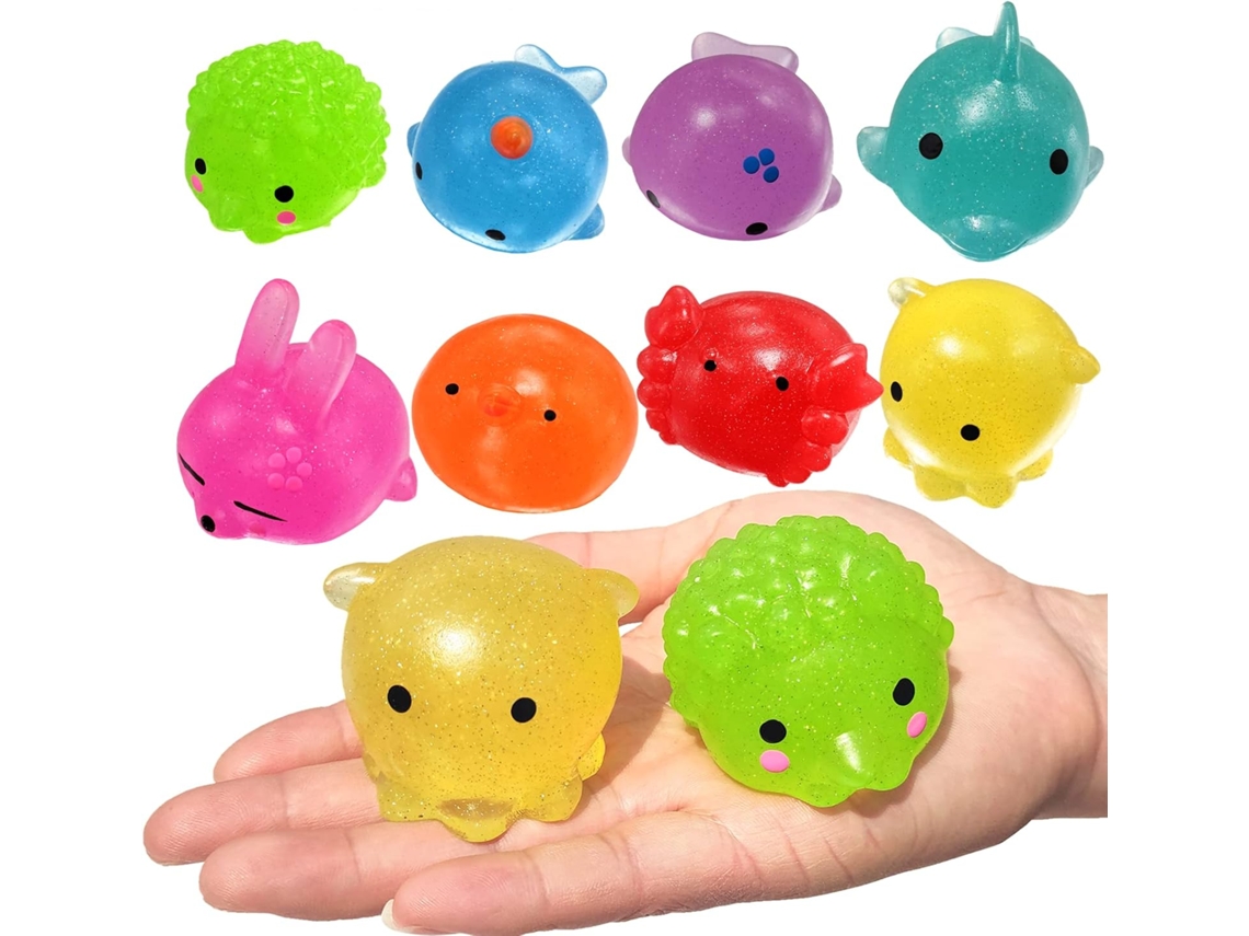 Figuras gigantes de mochi con purpurina, animales suaves y antiestrés, ideales como obsequios para fiestas infantiles.