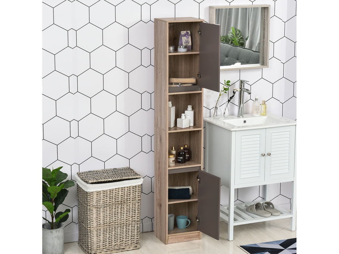 VPMKP - Armario de baño Homcom Coy Style columna almacenamiento 2 puertas estante 2 nichos, 30x24x170 cm, roble claro/gris