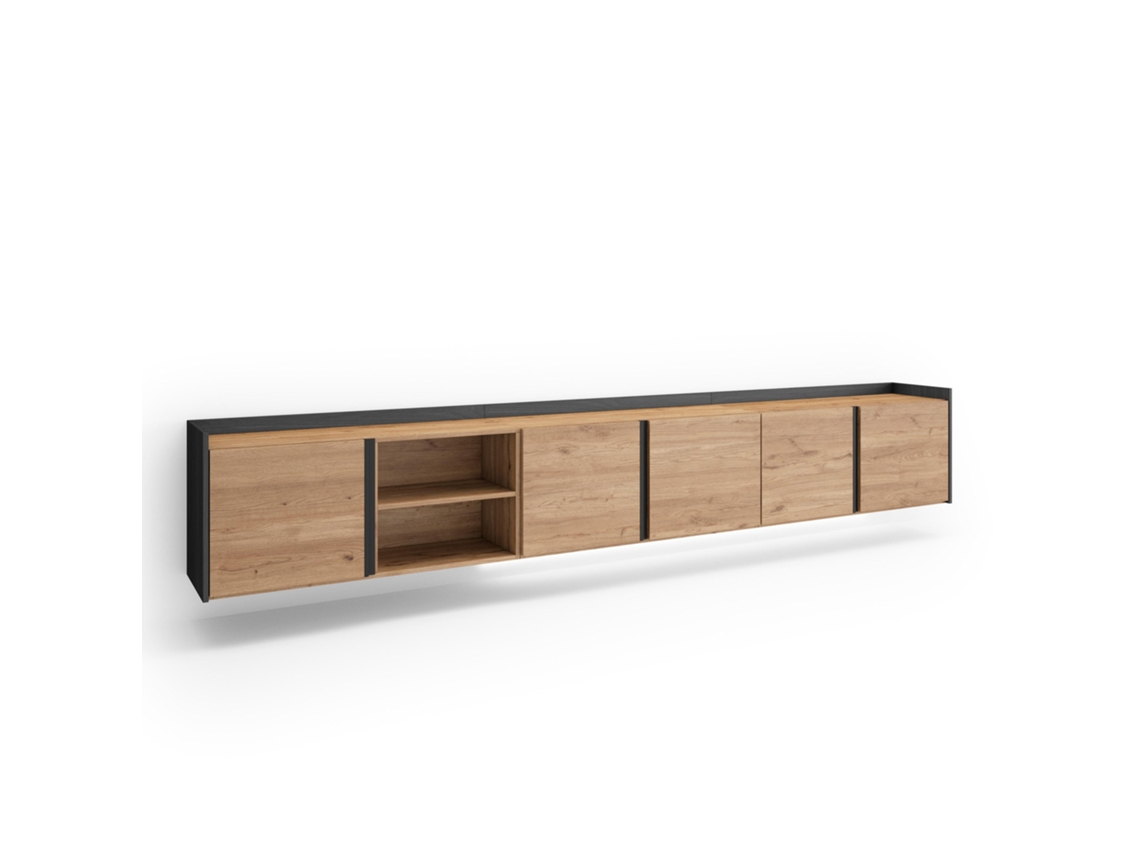 Mueble Tv, Televisión, 309x35x50cm, Para Tv Hasta 80", Colgado, Suspendido, Led, Roble Y Negro