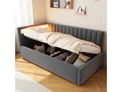 Sofá Cama Tapizado 90x200, Con Iluminación Led Y Almacenaje Hidráulico, Listones, Gris