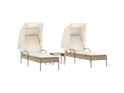Tumbonas con toldo y mesa, 2 piezas, mimbre, beige, MAISON EXCLUSIVE