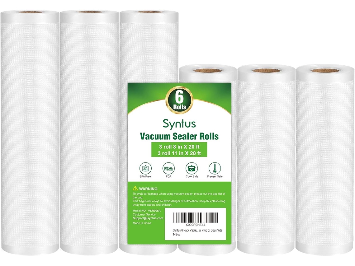 HYMNORA Bolsas Selladoras, 6 Unidades 3 Rollos 11" x 20' y 3 Rollos 8" x 20' de Calidad Comercial, Bolsas al Vacío para Alimentos para Almacenamiento, Prepara