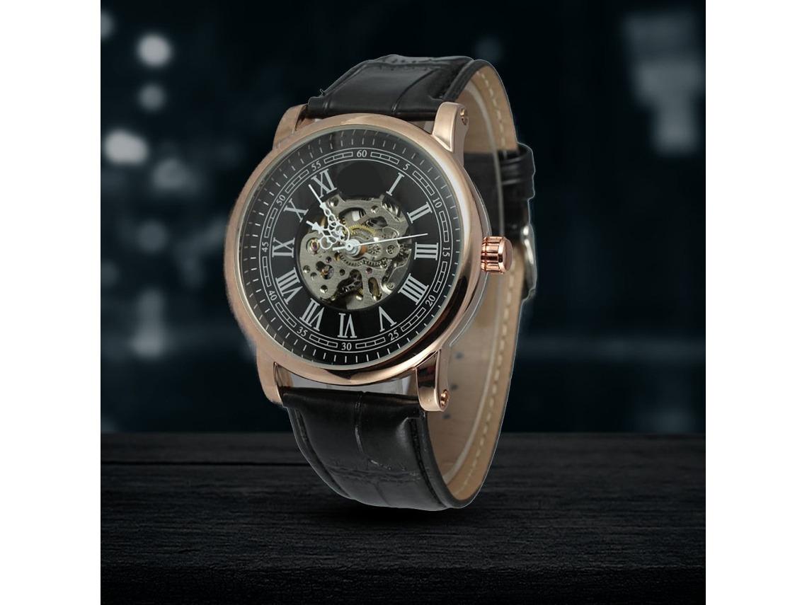 Reloj Mecánico Automático Hombre Impermeable Forsining Negro Oro Rosa