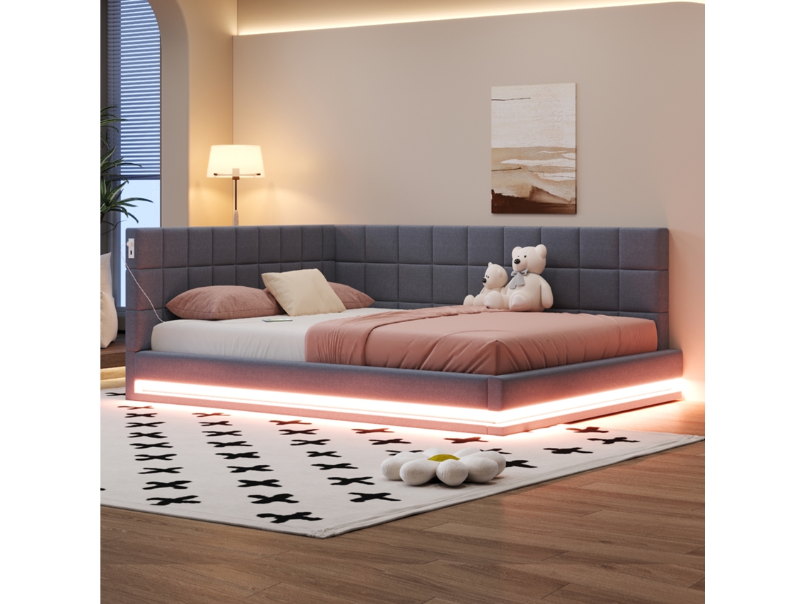 Sofá Cama Tapizado 160x200 Cm - Con Tira De Luz Led - Con Toma Usb - Tejido De Terciopelo - Gris