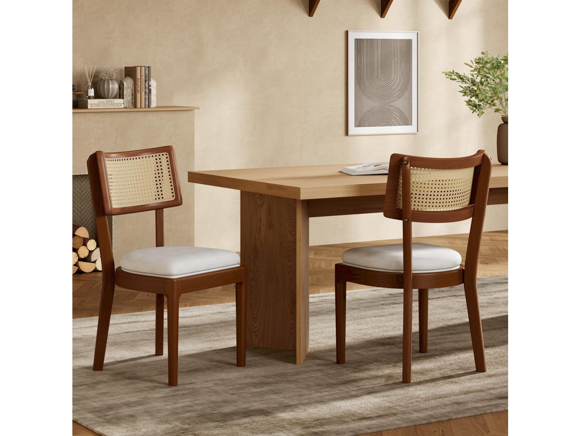 Juego de 2 sillas de comedor de madera maciza con respaldo de ratán, cómodas y transpirables, ideales para comedores.