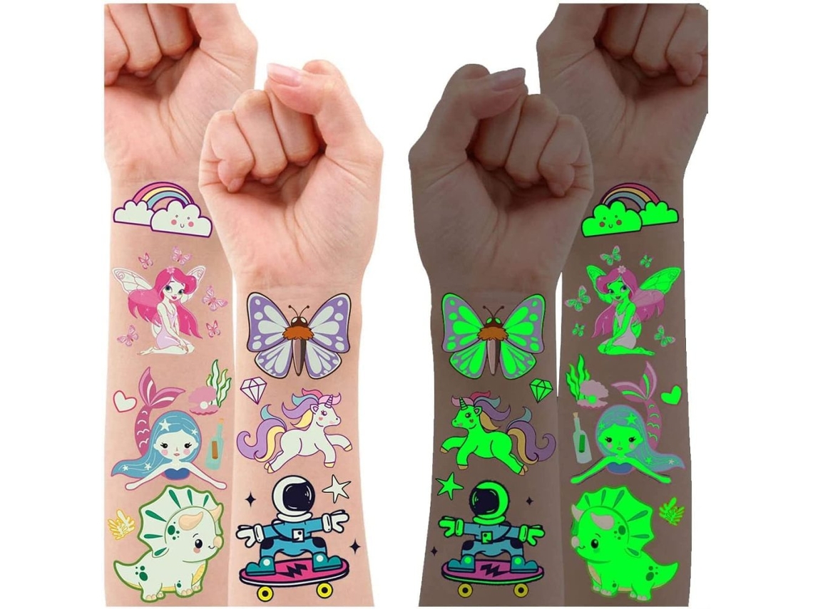 Tatuajes temporales encantadores para niñas, diseños que brillan en la noche, resistentes al agua, perfectos para fiestas, no tóxicos y seguros para n EIOORORRIY