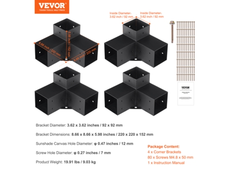 VEVOR 4 Piezas Kit de Soporte de Pérgola 3 Vías para Poste de Cenador 4x4