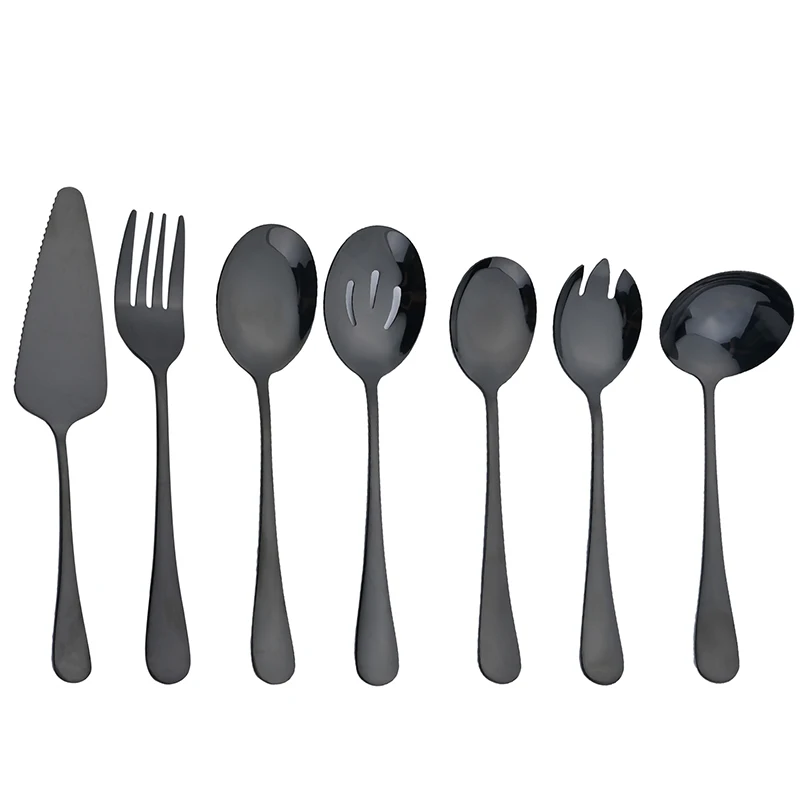 Juego De Tenedor Y Cuchara De Acero Inoxidable (negro), Incluye Cuchara, Colador, Cuchara Para Ensalada, Cuchara Para Pastel Y Espátula.