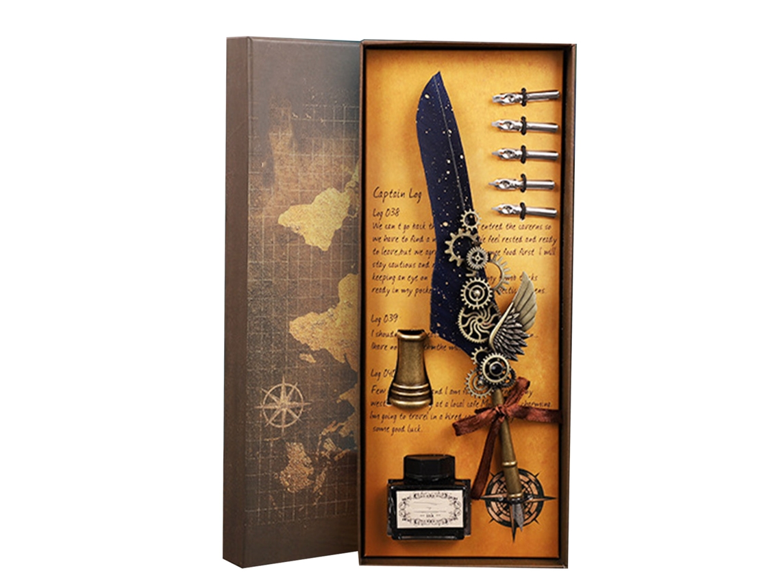 Set Pluma De Piel Y Tinta Vintage Estilo Elegante Para Escritura Suave Hogar Escuela Oficina Negro
