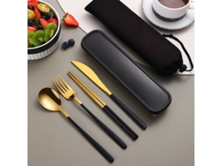 (oro Negro) Juego De Cubiertos Portátil De Acero Inoxidable 304, Que Incluye Cuchillo, Tenedor, Cuchara Y Caja De Almacenamiento.