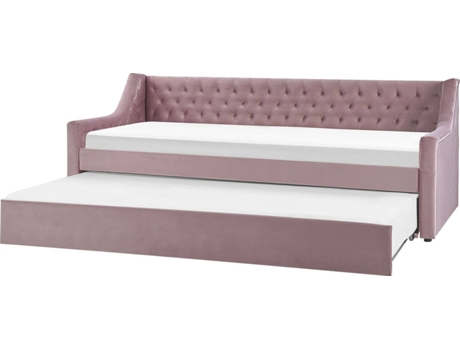 Cama doble BELIANI Montargis con nido en terciopelo rosa 189x219x94