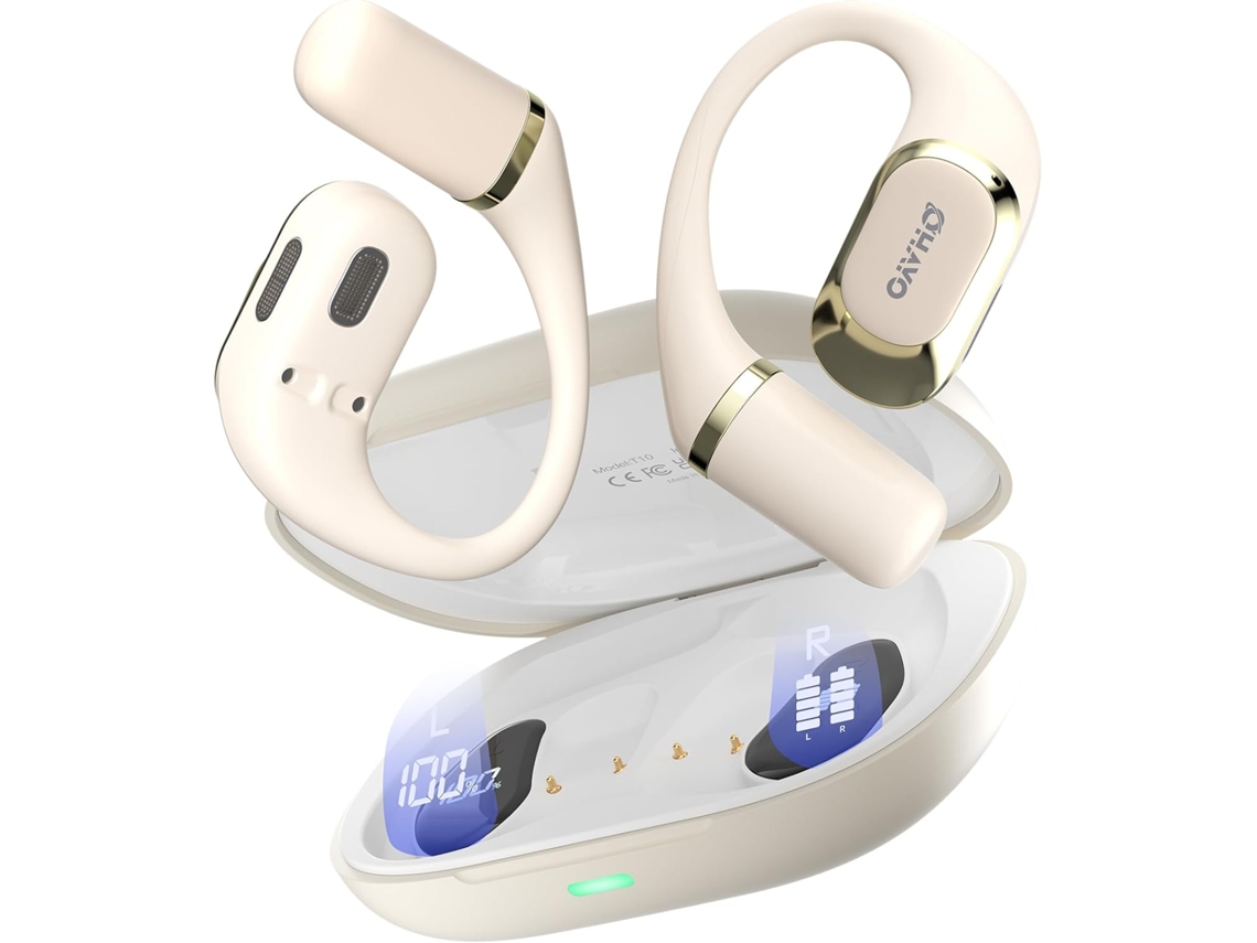 Auriculares inalámbricos Bluetooth 5.4 MDUG blancos con gancho para la oreja y micrófono