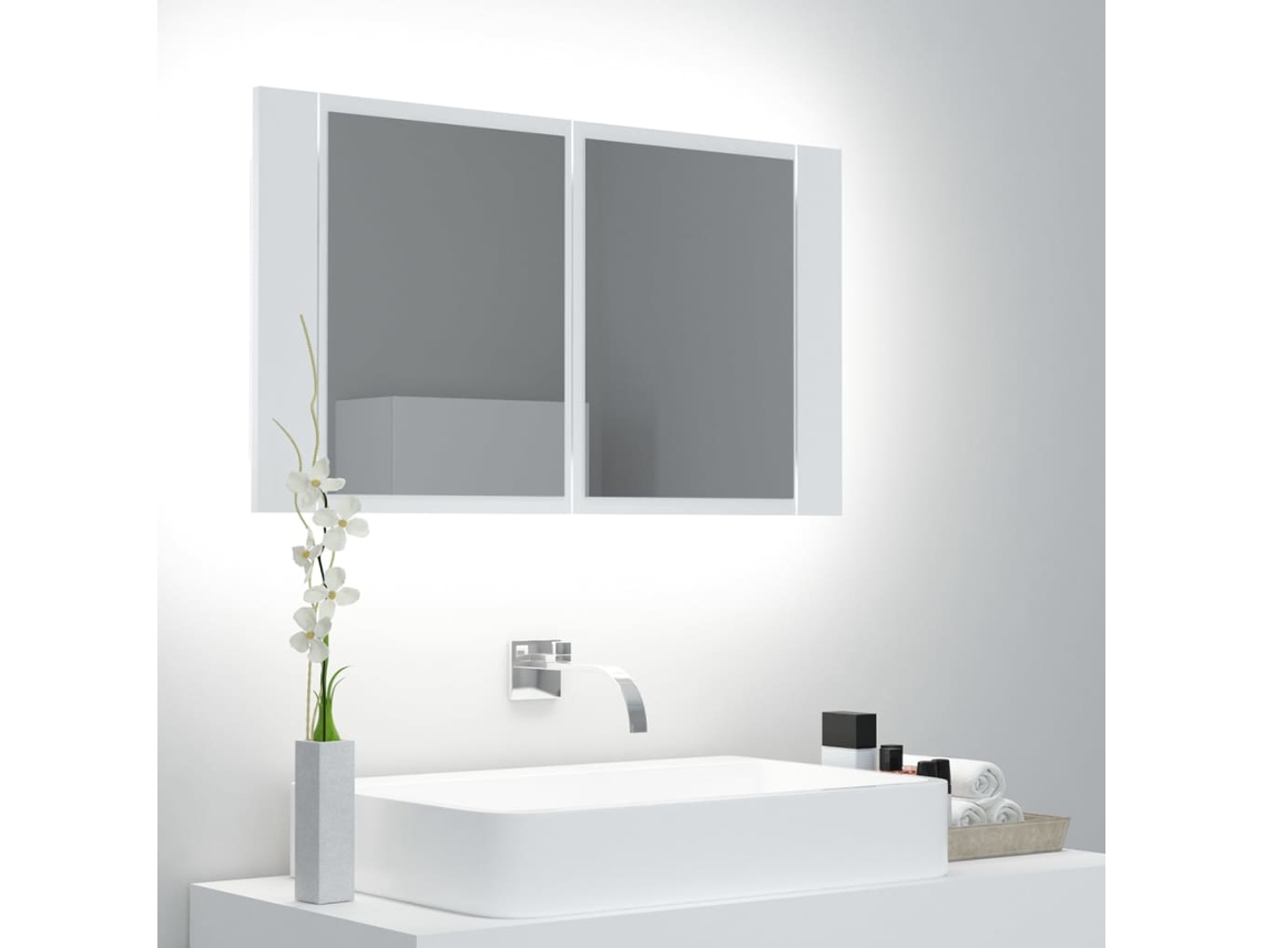 Armario de baño con espejo e iluminación LED, 80x12x45 cm, acrílico blanco.