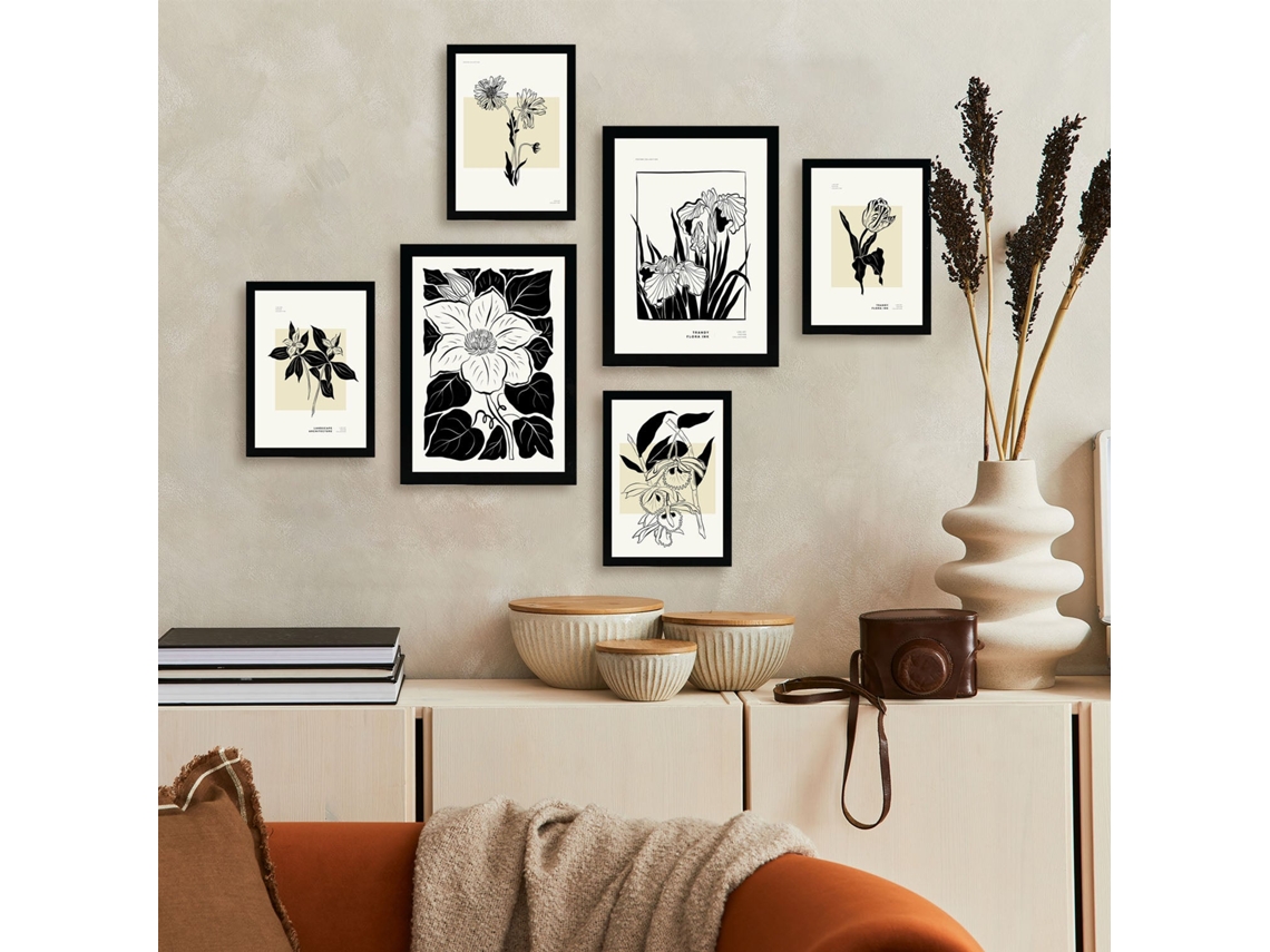 NACNIC Set De 6 Posters En Tinta Negra Floral Láminas Artísticas Estilo Boceto Para El Diseño Y Decoración De Interiores Tamaños A3 & A4 Marcos Negros
