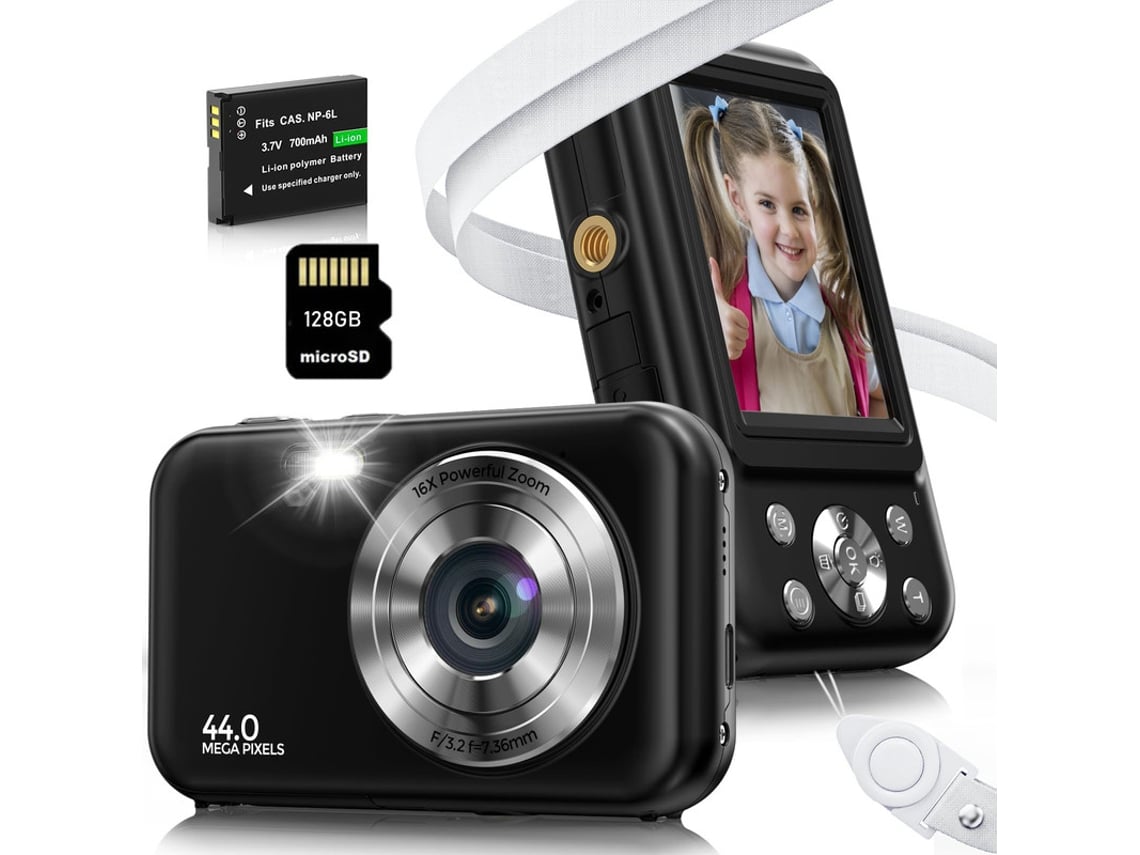 Cámara fotos digital infantil compacta DC406 cámara FDH 44MP Enfoque automático ZOOM 16X Pantalla de 2,4 pulgadas + 128G - Negro SZSMART