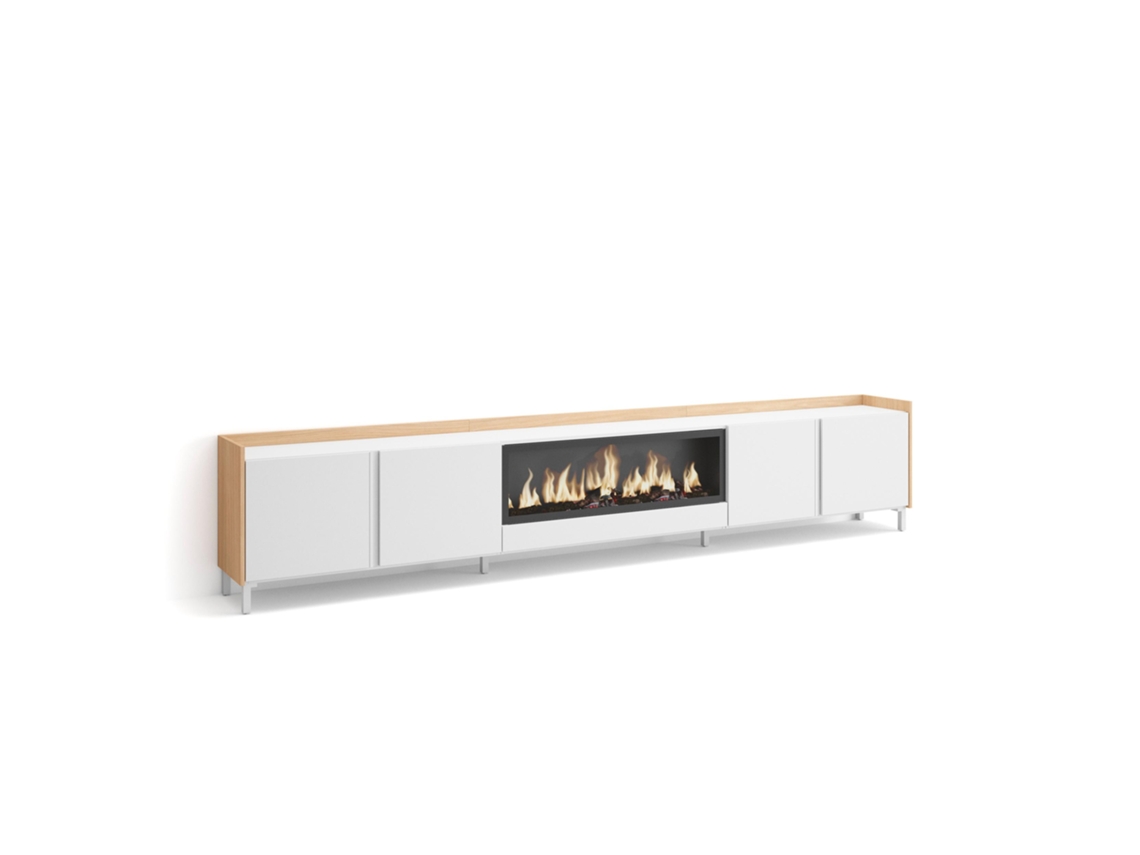 Mueble Tv, Televisión, 315x35x61cm, Para Tv Hasta 80", Chimenea Eléctrica Xxl, Diseño Industrial, Blanco Y Roble Soft
