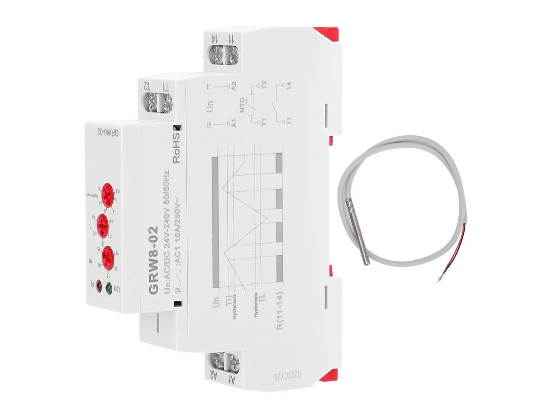 Relé De Control De Temperatura Grw8-02 Con Sonda, Montaje En Riel De 35 Mm, Ca/cc 24v-240v, Ajustable De -15°c A +45°c.