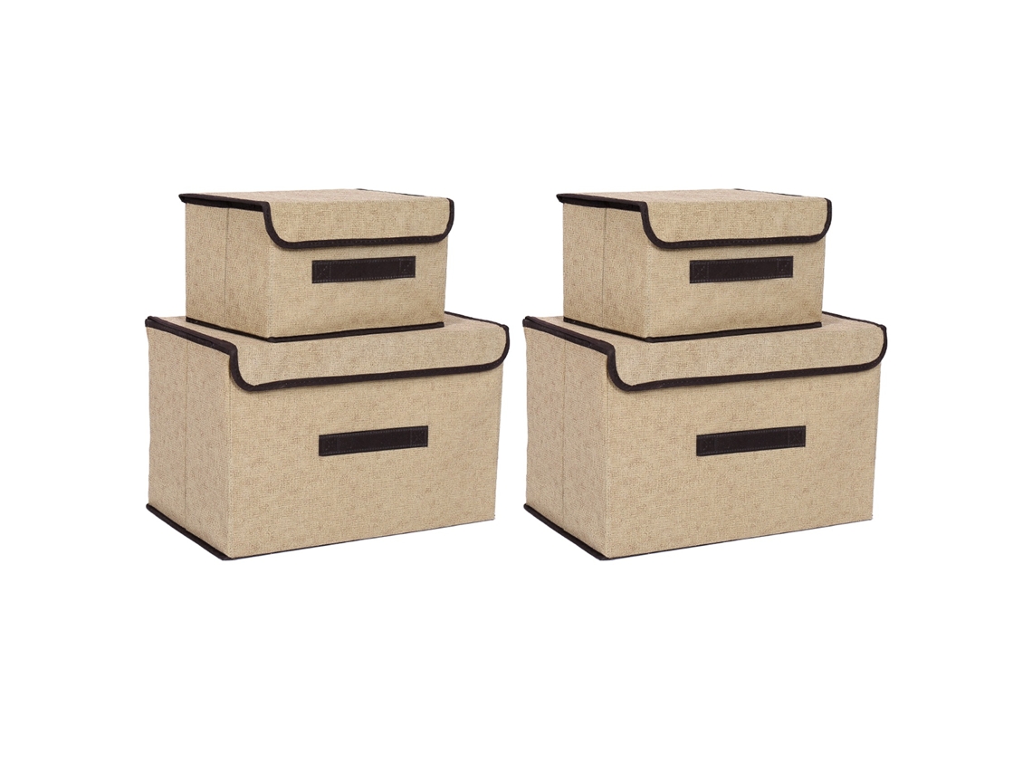 Caja de almacenamiento de tela no tejida, a prueba de polvo, plegable, dos grandes y dos pequeñas para uso doméstico, beige