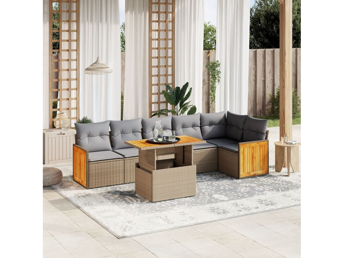 Conjunto de sofá de jardín de 7 piezas con cojines, mimbre sintético beige, Dkd Home Decor