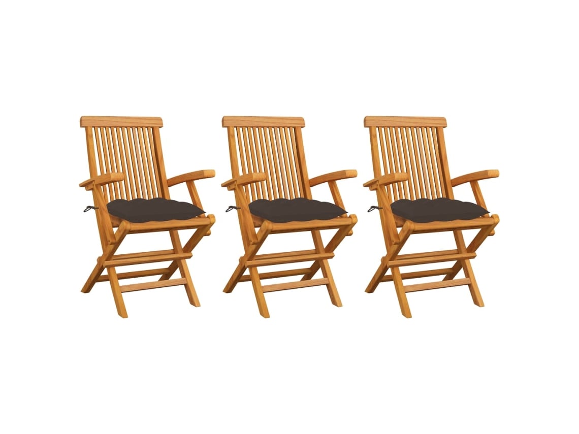 Sillas de jardín con cojines grises Acast. 3 piezas de teca maciza Dkd Home Decor.