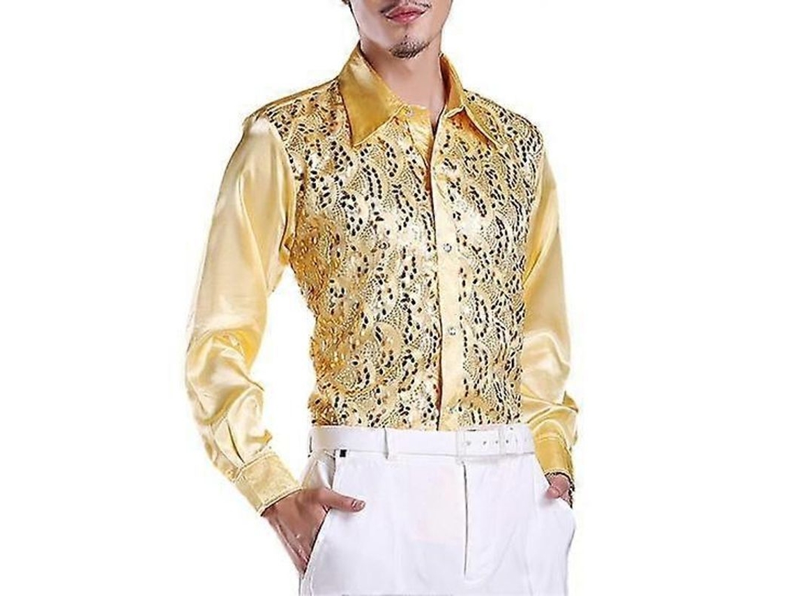 Camisa De Luxury Para Hombre Con Lentejuelas Cuello Lapel Manga Larga Slim Fit Formal Para Boda Y Escenario Dorado M