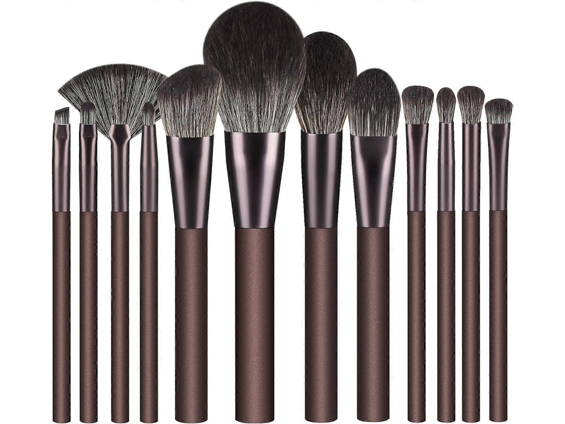 Juego de 12 brochas de maquillaje Rosewell con cerdas sintéticas premium para base, corrector y sombra de ojos (café)