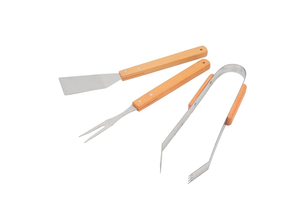 Juego de herramientas para barbacoa de 3 piezas, de acero inoxidable con mangos de madera, incluye tenedor, pala y pinza.