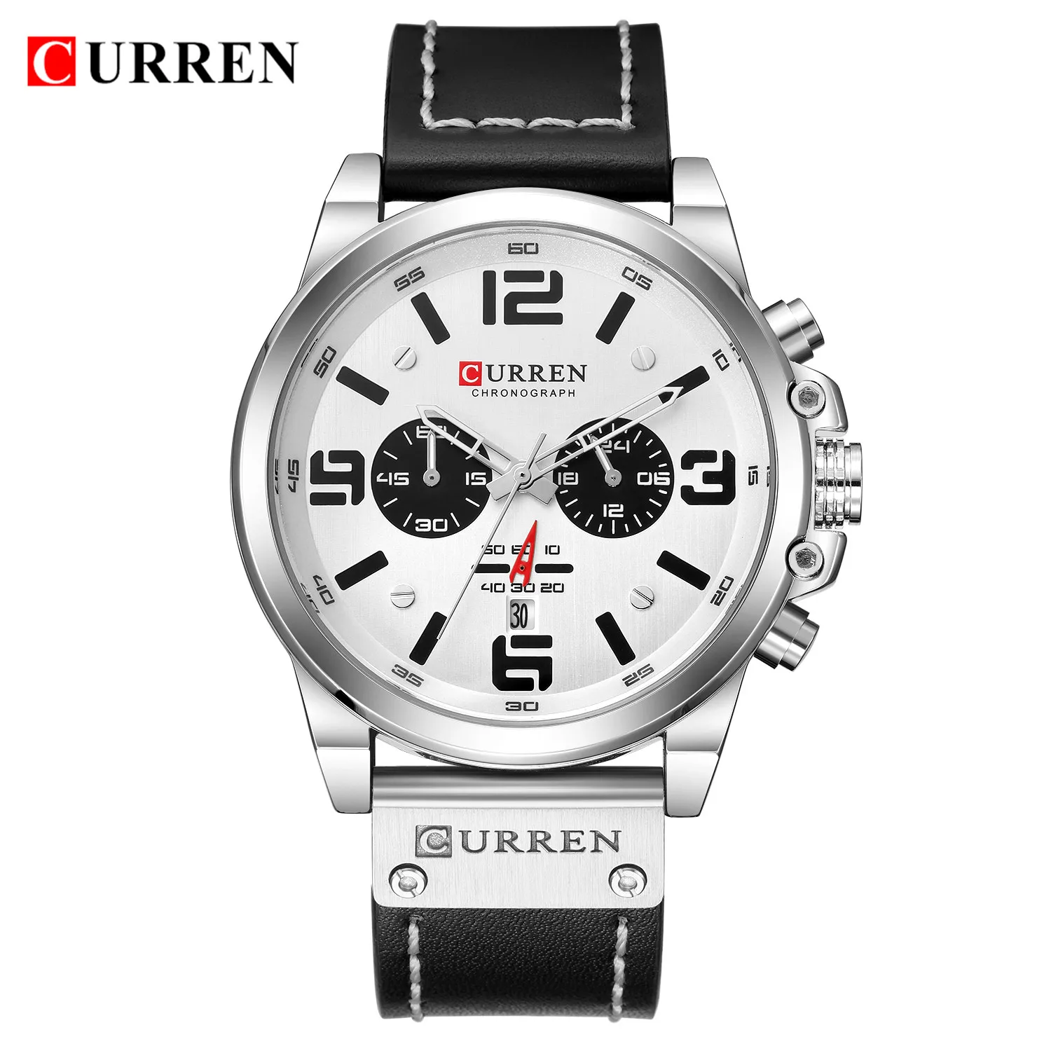 Reloj Deportivo Cronógrafo Militar Resistente Al Agua Para Hombre (blanco Plateado) Con Correa De Cuero Genuino