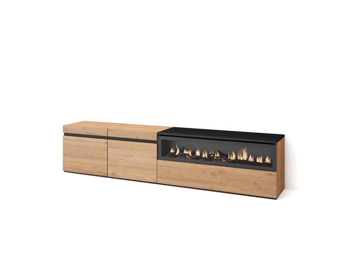 Mueble TV Televisión 200x45x35cm Para TV hasta 80 Chimenea eléctrica Roble y negro