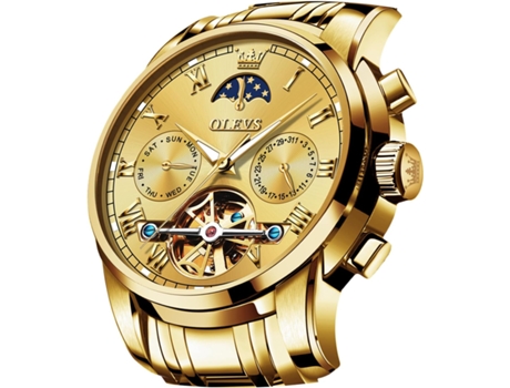 VEANXIN Reloj mecánico automático para Hombre Fase Lunar Hueco Acero Inoxidable 3AT Luminoso Reloj Impermeable para Hombre(oro)