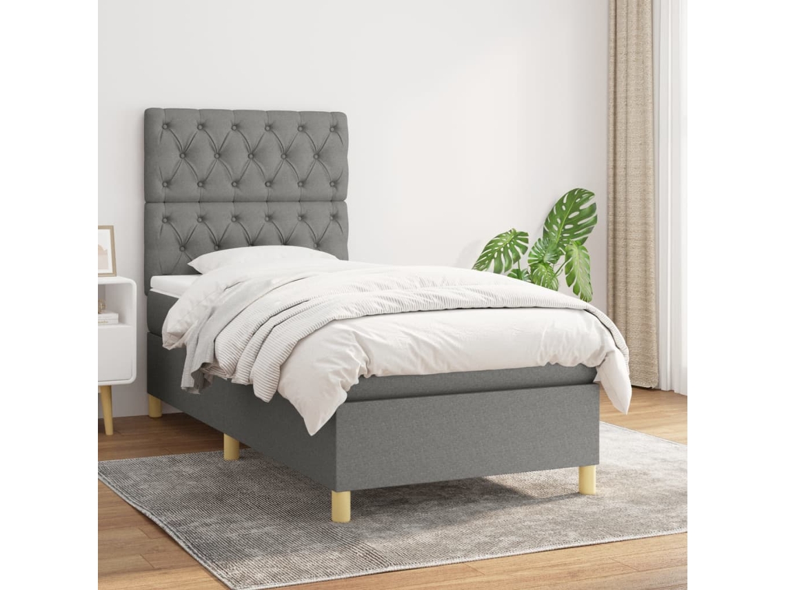 Cama Box Spring Con Colchón Tela Gris Oscuro 80x200 Cm