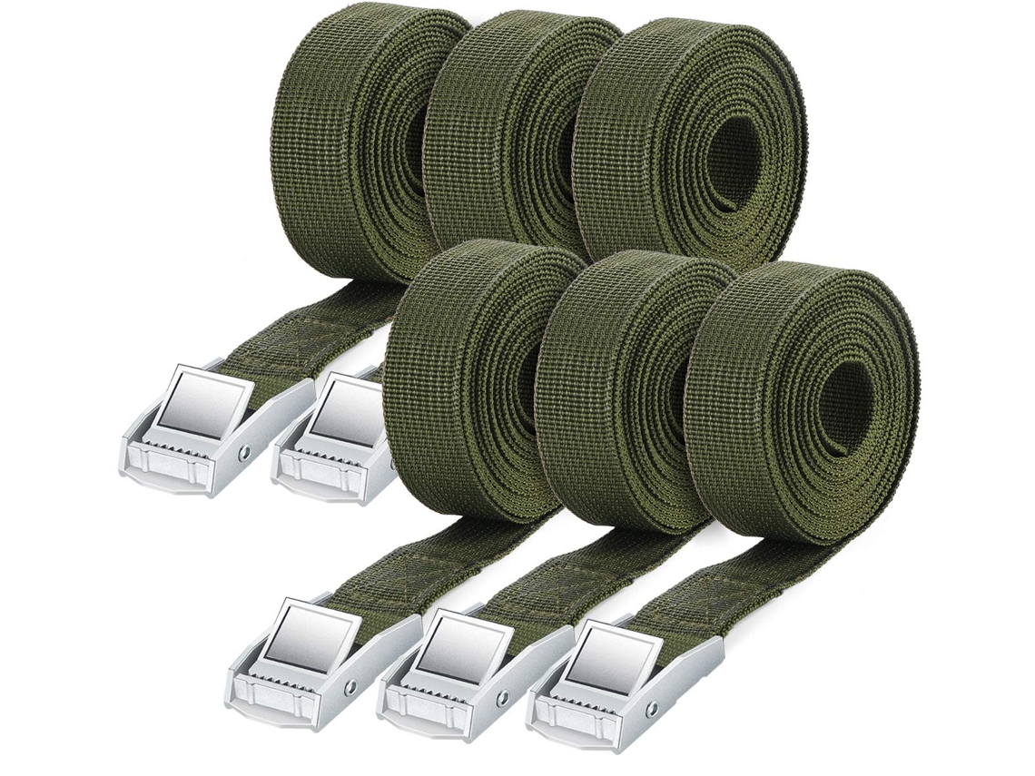 Correas de amarre (6 unidades, 2,5 cm x 2,5 m, 250 kg) para equipaje, equipo de camping y vehículo.