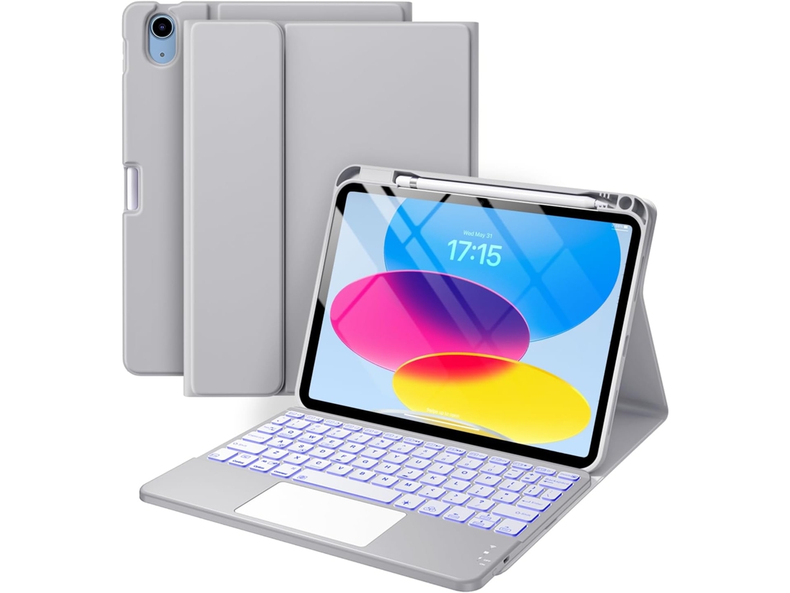 Funda con teclado Viewleaf para iPad de 11.ª y 10.ª generación, estilo folio, con teclado retroiluminado desmontable, trackpad y portalápices (gris)