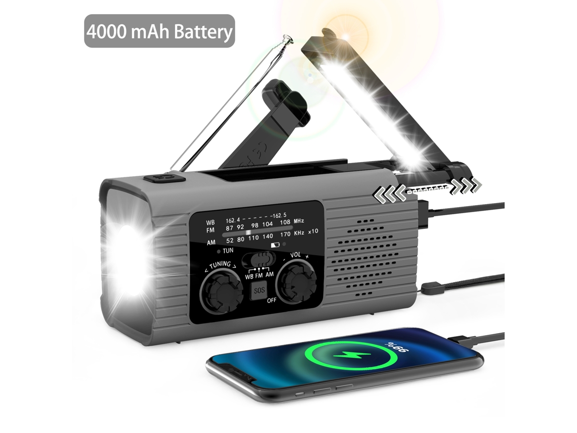 Radio de emergencia portátil de 4000 mAh con luz LED, carga solar y USB, ideal para acampar y usar al aire libre en situaciones de emergencia. Viewleaf