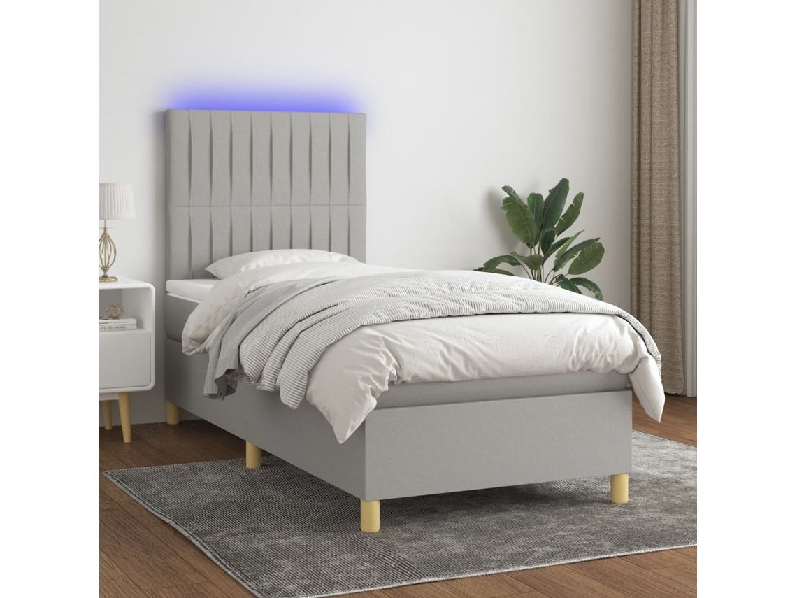 Cama Box Spring Colchón Y Luces Led Tela Gris Claro 90x190 Cm
