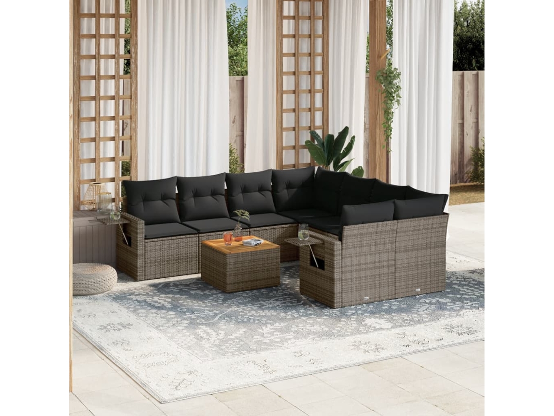 Conjunto de sofá de jardín de 9 piezas con cojines, mimbre gris, DKD Home Decor