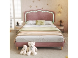 Cama De 140 X 200 Cm Tapizada En Terciopelo, Con Led Y Somier De Láminas, Rosa