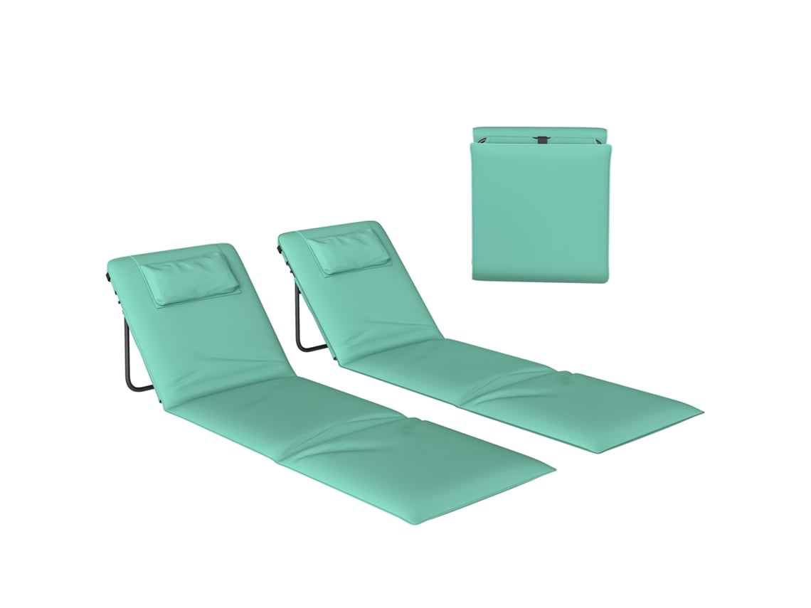 Conjunto 2 Esteiras Praia Dobráveis Encosto Ajustável Apoio Cabeça 146x50x2cm Verde