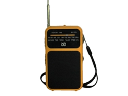 Radio transistorizada de bolsillo (amarilla), con carga USB-C, conector para auriculares, incluye clip y cordón.
